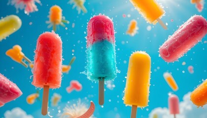 Brightly Colored Ice Pops Floating in Sunny Sky &ndash; Fun and Refreshing Summer Treat Concept for Frozen Dessert Ads, Kids' Snack Branding, and Seasonal Food Photography

