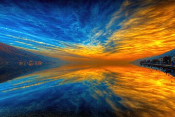 Obraz premium Vibrant sunset reflecting on a still lake, dramatic clouds