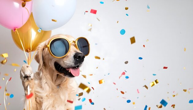 Happy Golden Retriever dog in funny sunglasses holding colorful balloons at a birthday party. Cheerful pet with falling confetti and copy space for a cute greeting card.