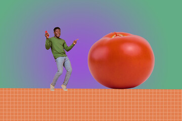 Banner full 3d zine pop trend collage of happy girl guy stand red tomato vitamin weight-loss vegetarian healthy nutrition diet