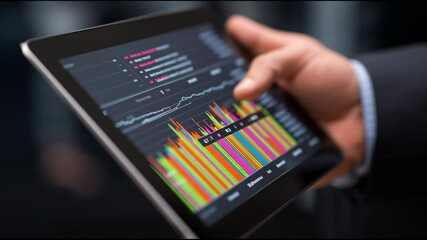 Close-up of a businessman's hand holding a digital tablet showing financial graphs and stock market data - Powered by Adobe