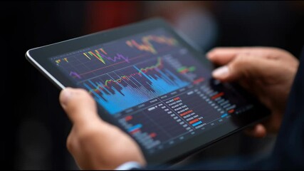 Close-up of a businessman's hand holding a digital tablet showing financial graphs and stock market data - Powered by Adobe