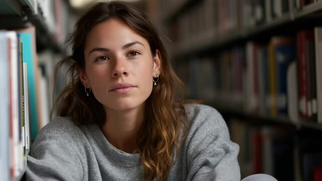 Thoughtful woman reading in library: contemplative study session in cozy corner