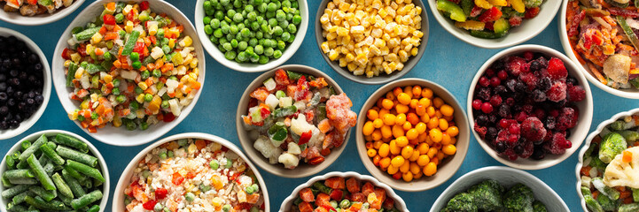 Frozen summer vegetables like peas, carrots, and beans neatly displayed on plates, set against a calming blue background, preserving their freshness for winter use, banner