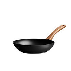 Stylish black wok with a natural wood handle and a non stick coating for healthy cooking isolated on transparent background