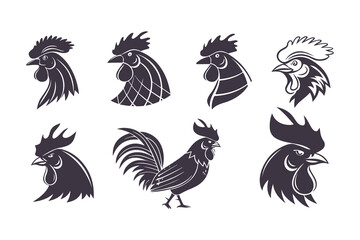 Set of Black and White Rooster Head Illustrations. Stylized Chicken Mascot Designs for Logos, Farm Branding, Emblems, and Tattoos
