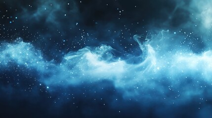 Fantastic smoke background. Magic smoke with glitter and small particles of twinkling stars, fog with luminous particles, blue vapor with stardust. Vector illustration.
