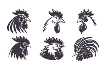 Set of Black and White Rooster Head Illustrations. Stylized Chicken Mascot Designs for Logos, Farm Branding, Emblems, and Tattoos
