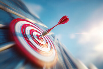Red dart hitting center of target with motion blur, symbolizing precision, focus, goal, success, performance, and strategy. Copy space