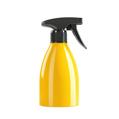 Shiny yellow spray bottle with a black trigger sprayer and ribbed neck isolated on transparent background for cleaning or cosmetic product packaging