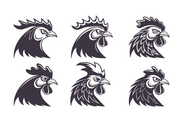 Set of Black and White Rooster Head Illustrations. Stylized Chicken Mascot Designs for Logos, Farm Branding, Emblems, and Tattoos
