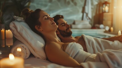 Caucasian couple customer enjoying relaxing anti-stress spa massage and pampering with beauty skin recreation leisure in day light ambient salon spa at luxury resort or hotel. Quiescent