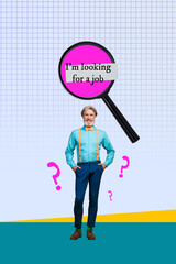 Zine pop image banner 3d photo collage of happy businessman businesswoman stand magnifier lens...