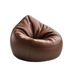 Luxurious brown leather bean bag chair with a soft textured surface and elegant stitching isolated on transparent background