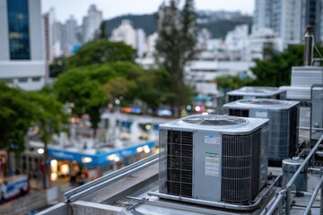 The image features air conditioning units on a rooftop overlooking a lively cityscape, highlighting the integration of technology in modern urban settings.