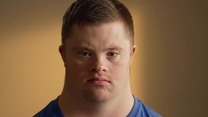 Young man with a serious expression looking directly at the camera. Portrait of an down syndrome person or person with special needs.
