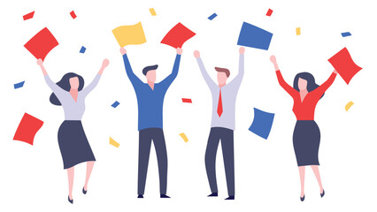 Illustration of four people celebrating with confetti and raised arms in a joyful atmosphere scene