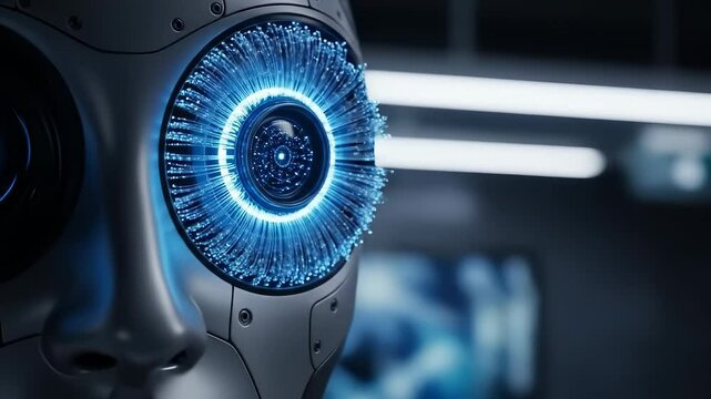 close-up shot of a futuristic robots metallic face features a glowing blue digital eye with intricate data processing visuals. - Powered by Adobe