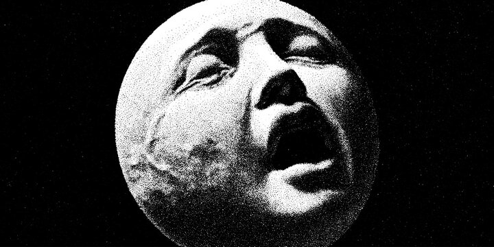 Surreal crying moon face in sky with halftone black background