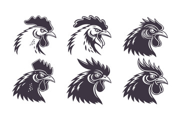 Set of Black and White Rooster Head Illustrations. Stylized Chicken Mascot Designs for Logos, Labels, Badges, and Farm Branding Concepts