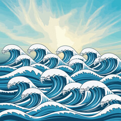 Stylized Japanese Wave Design with Dog Illustration Elements and Asian Art Influence