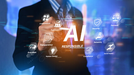 Responsible AI concept with ethical principles transparency and social impact in technology