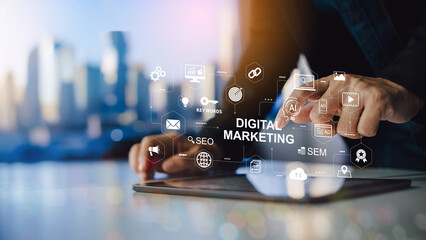 Digital marketing business technology with copy space. Website adertisement email social media network, SEO, SEM video and mobile application icons in virtual screen.