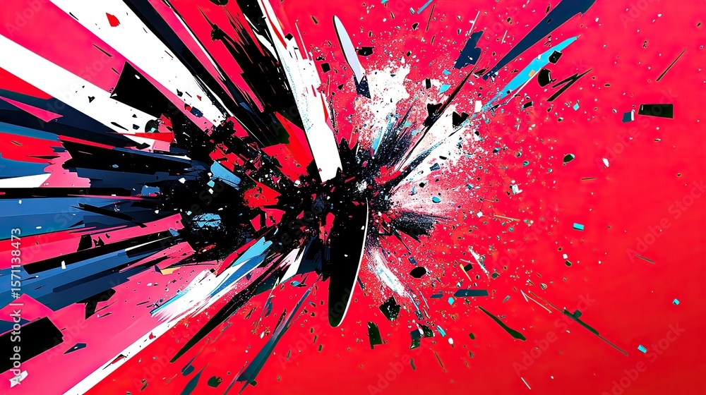 Poster abstract explosion of color and form against a vibrant red background