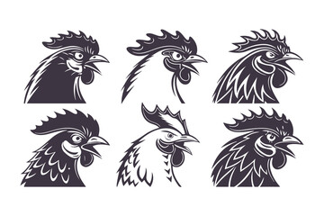 Set of Black and White Rooster Head Illustrations. Stylized Chicken Mascot Designs for Logos, Labels, Badges, and Farm Branding Concepts