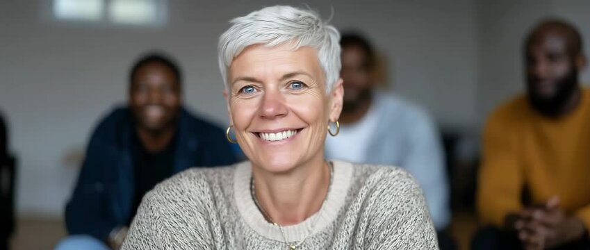 Diverse group engaged in friendly conversation with smiling focused woman