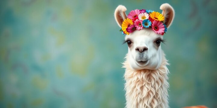 Flower-adorned llama, vibrant patterns, playful pose, whimsical style, cute, card
