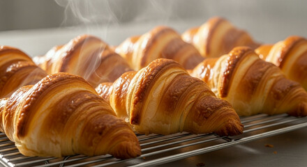 A display of freshly baked croissants, showcasing their golden color and flaky layers