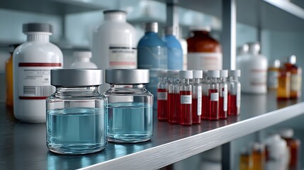 Laboratory vials and bottles containing blue and red liquids are neatly arranged on a metal shelf in a sterile environment