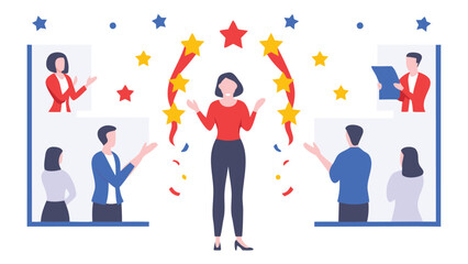 Illustration of a woman surrounded by people in boxes with stars and confetti celebration event