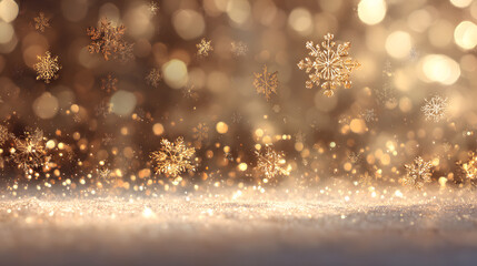 Holiday background with golden bokeh and snowflakes featuring a warm light glow Christmas ambiance and blurred decorative lights perfect for festive overlay