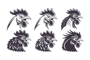Set of Black and White Rooster Head Illustrations. Stylized Chicken Mascot Designs for Logos, Labels, Badges, and Farm Branding Concepts