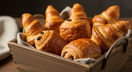 An appetizing close-up of a pile of buttery, flaky croissants, a classic French pastry