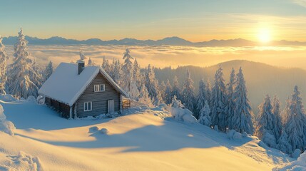 Fototapeta premium Snowy mountain chalet at sunrise