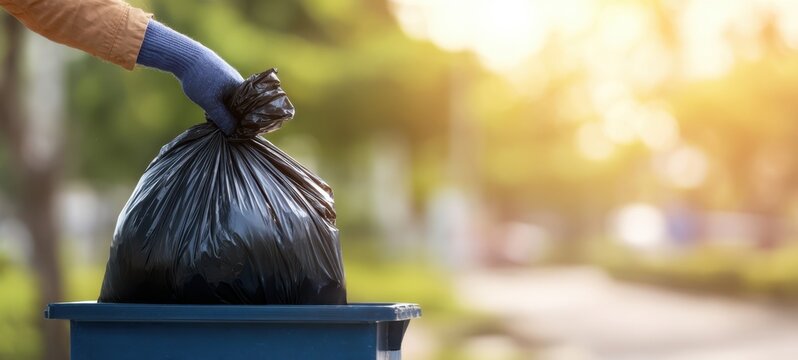 The person placing a black trash bag into a blue bin on a sunny day.