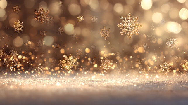 Holiday background with golden bokeh and snowflakes featuring a warm light glow Christmas ambiance and blurred decorative lights perfect for festive overlay - Powered by Adobe