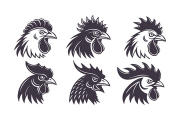 Set of Black and White Rooster Head Illustrations. Stylized Chicken Mascot Designs for Logos, Labels, Badges, and Farm Branding Concepts