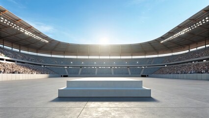 Fototapeta premium Empty stadium podium under bright sunlight with spectators in the stands ready for an event