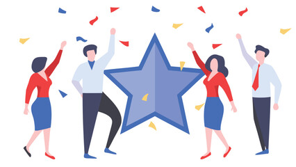Group of people celebrating with confetti surrounding a large blue star in the center of the image