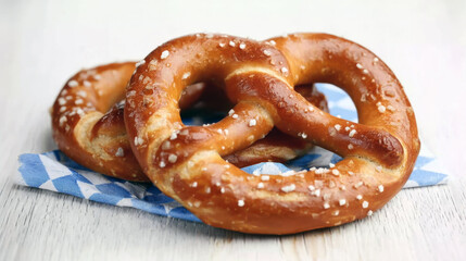 Delicious soft pretzels with coarse salt on a rustic wooden surface. AI Generative