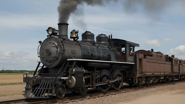 Vintage Steam Train Traveling on the Tracks, Blowing Smoke on a Sunny Day