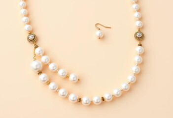 Obraz premium Elegant pearl necklace and earrings on beige backdrop, necklace, event