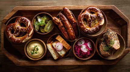 German Food Platter with Pretzels Sausages and Pickles. AI Generative