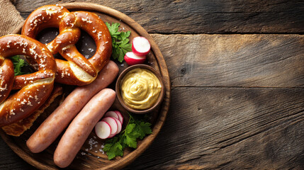 Delicious German food pretzels sausages and mustard on a wooden plate. AI Generative