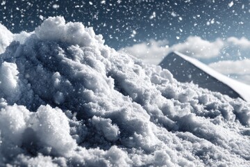 Close-up of snow-covered ground, with falling snow and mountains in the background