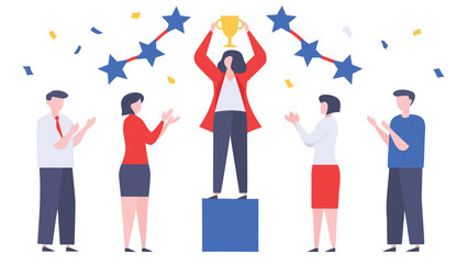 Woman holding trophy on platform with people applauding under star banner and confetti falling down, 100 chars